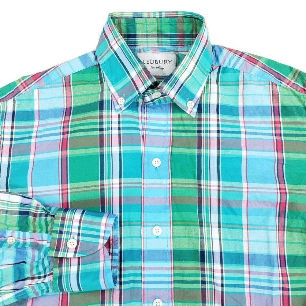 Ledbury Cotton Linen Plaid Button Down Dress Shirt Classic Fit 15.5 Blue Green